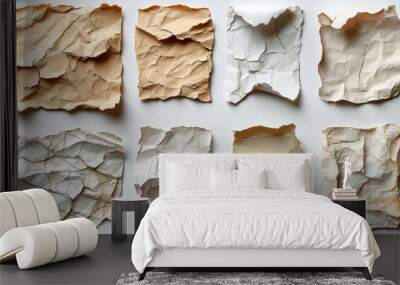 Eight sheets of paper, in various shades of white, beige, and yellow, are crumpled and arranged in two rows of four on a white background. Wall mural