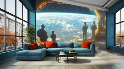 Four astronauts look out of a spaceship window at Earth. Wall mural