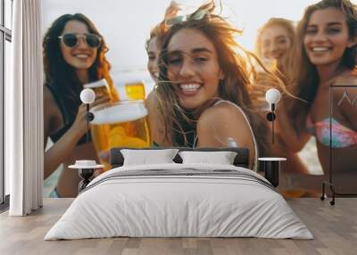 fun beach summer youth friend young woman group friendship happiness drink beer lifestyle holiday Wall mural