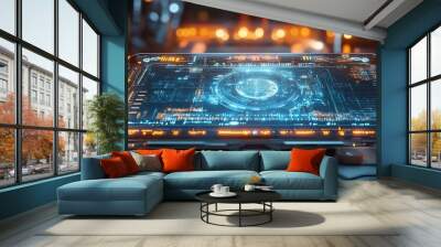 Futuristic digital display interface with glowing blue and orange lights. Wall mural