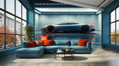 Futuristic silver sports car in a sleek, modern garage with glowing red wheels and lights. Wall mural