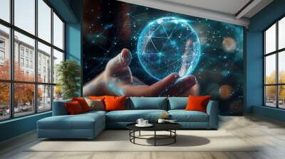 Metaverse Virtual Technology.Woman hand holding global network connection. Internet communication, Wireless connection technology Wall mural