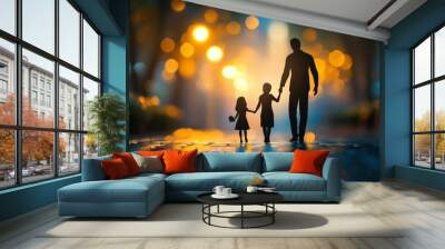 Silhouette of a father and two daughters walking hand-in-hand in a city park at night, with blurred lights in the background. Wall mural