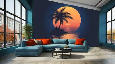 Silhouette of a palm tree on a small island at sunset with a large orange sun and reflection in the water. Wall mural