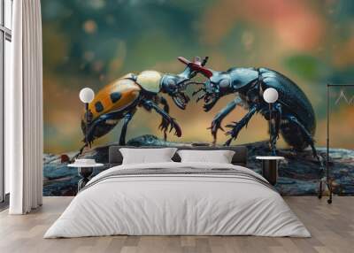 Two beetles face each other in a fight, with a blurred forest background. Wall mural