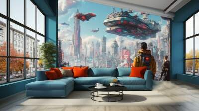 Two figures stand on a rooftop overlooking a futuristic cityscape with flying vehicles and towering structures. Wall mural