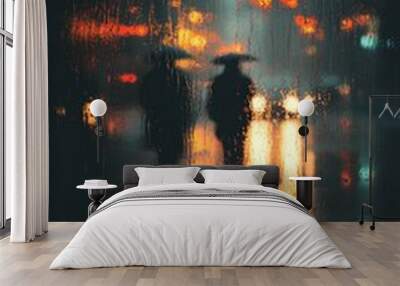 Two people walking in the rain at night, with blurry lights reflecting on the wet pavement. Wall mural