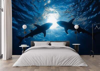 Two silhouetted sharks swim upwards towards a sunlit surface in the ocean. Wall mural