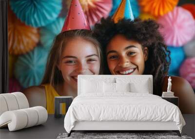 Two young women in party hats smile brightly at the camera, surrounded by colorful paper decorations. Wall mural