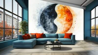 Watercolor painting of a yin yang symbol with a black and white side and an orange and white side. Wall mural