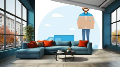 delivery man with box. Postman design isolated on white background. Courier in hat and uniform with package. Wall mural