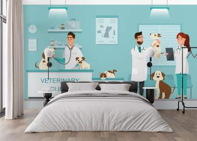 Veterinarian and doctor with dog and cat on counter in vet clinic Wall mural