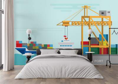 Warehouse and shipping port logistic on a flat style Wall mural