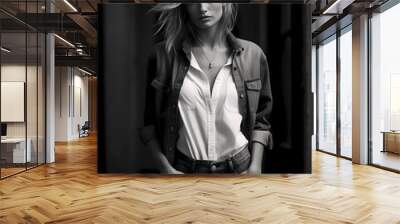 A beautiful young female model in old denim jeans and shirt in black and white portrait, beautiful contrast, concept black and white. Woman standing with buildings as the background.  Wall mural