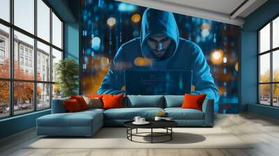 Cyber hacker attack concept. Abstract digital hacker man with a laptop. Male criminal, hoodie and ready for coding, cyber-attack and programming for malware with tech, scam and data Wall mural