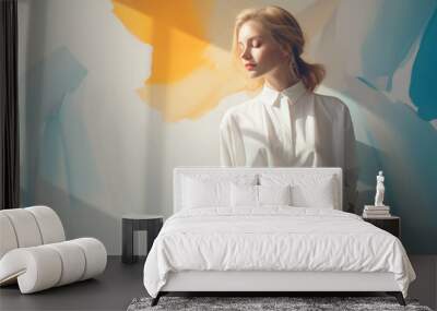 Portrait of a beautiful blonde hair young woman with makeup in fashionable white shirt and brown trousers. Beautiful woman portrait in studio posed with her eyes closed, exquisite clothing detail.  Wall mural