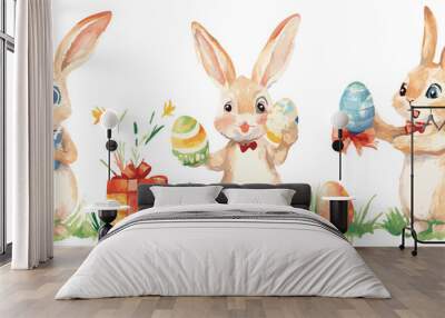 A charming watercolor illustration featuring a cute bunny surrounded by colorful eggs and festive presents, perfect for celebrating the joy and spirit of Easter. Wall mural