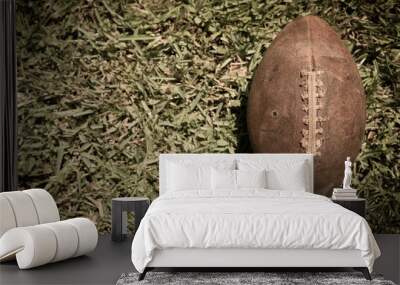 Old, Well-Used Leather Football in Grass, Room for Text Wall mural