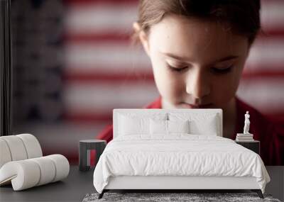 Sad Girl in Front of American Flag Wall mural