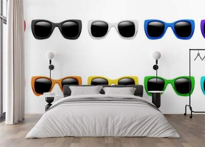 A collection of sunglasses with black lenses and colorful frames, arranged in two rows, featuring ten different bright colors. Generative AI Wall mural