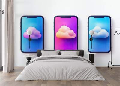 Set of mobile cloud designs showcasing on-the-go storage capabilities with vibrant colors and seamless designs, isolated on white background Wall mural