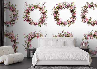 Set of Spring Wreath With Flowers isolated on transparent png background. Generative ai Wall mural