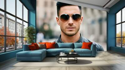 A man in sunglasses and a leather jacket standing outdoors with a confident and serious expression. Wall mural