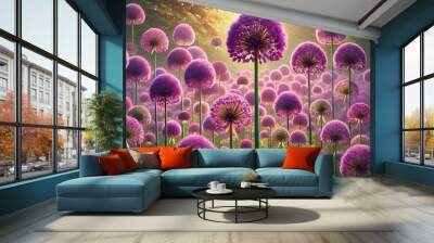 A pattern of Allium flowers outdoors, with spherical blooms in purple, violet, and pink against a blurred natural background. Wall mural