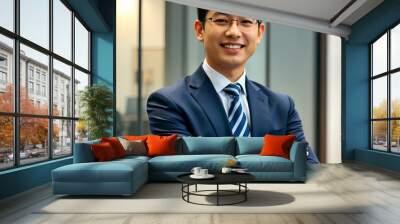 A professional Asian man in a blue suit with a striped tie, smiling confidently with arms crossed in an office. Wall mural