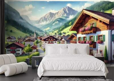 Alpbach village with alpine houses, flower boxes, lush green valley, and towering mountains, clear sky. Wall mural