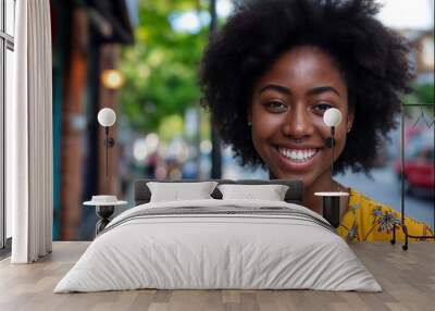 cheerful black woman on street portrait photography Wall mural