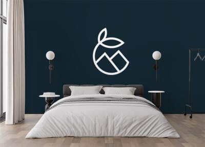 A line art icon logo of a leaf in a circle with mountains  Wall mural