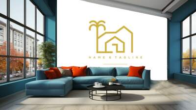 A line art icon logo of a modern house, home and building with a tree Wall mural