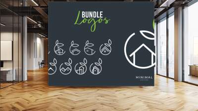 A Set, bundle line art icon logo of a house / home with a leaf circle Wall mural