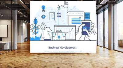 Business development, data analytics, planning and strategy web banner. Business solutions, startup, time management website with infographic elements thin line desig Wall mural