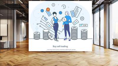 Buy sell trading Forex strategy stock exchange market signals. Purchasing of one currency and selling other one. Investment strategy and online trading thin line design of vector doodles Wall mural