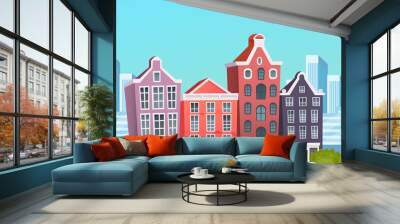 City street with vintage houses building cartoon facades. Old urban landscape vector illustration Wall mural