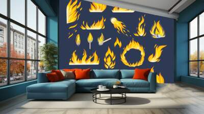 Realistic fire flames set. Flames red and orange hot flaming heat explosion cartoon, hot flame energy, fire animation vector illustration on a dark background Wall mural