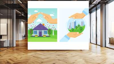 Set city in hands ecology protection. Modern urban environmental conservation Earth day concept Wall mural