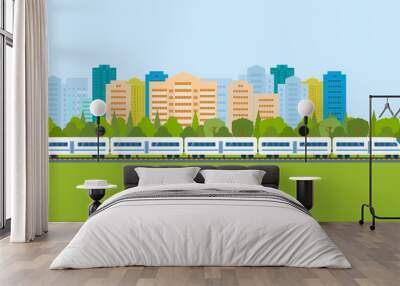 Train on railway with city background Wall mural