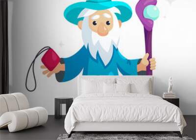 Wizard male character, mage, a sorcerer in a mantle and hat. Warlock with a cane and a magic amulet in his hand. Concept of magic and witchcraft. Wizard male cartoon vector illustration isolated. Wall mural