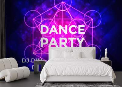 Dance party poster vector background template with particles, highlight and modern geometric shapes in pink and blue colors. Music event flyer or banner abstract. Vector Wall mural