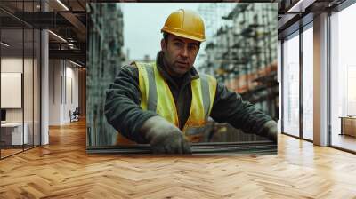 A construction worker wearing a yellow hard hat and safety vest is working on a building site, handling steel rebar. The background shows scaffolding and other construction activities Wall mural