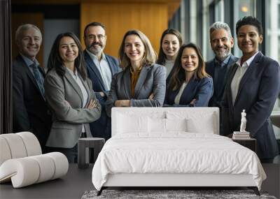 A group of business people standing in an office, smiling at the camera. The group displays diversity with different ages and races, all wearing professional attire Wall mural