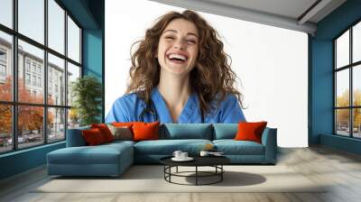 Happy female doctor with stethoscope on white background Wall mural