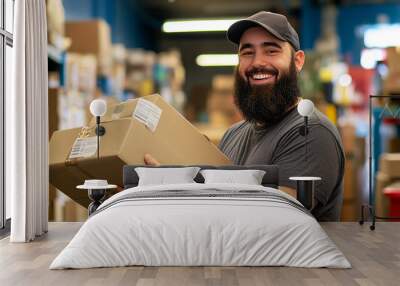 Man with beard working at small business ecommerce holding packages smiling with a happy and cool smile on face Wall mural