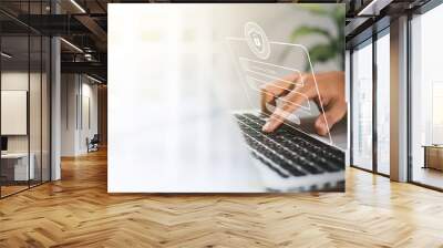 User typing login and password at home, secure access to the personal information and big data. cyber security, the digital crime concept, and data protection from hackers. Wall mural