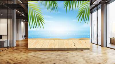 Empty wood table for product presentation, summer beach with blue sea and sky banner background. Wall mural