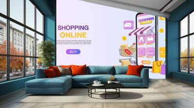 Shopping bags in a trolley out mobile or smartphone. shopping online website template. mobile store application concept. marketing and digital marketing. vector illustration modern design. Wall mural