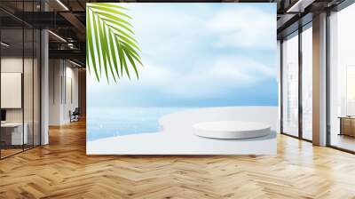 White podium display with palm tree for product presentation, summer beach with blue sea and sky background. Wall mural